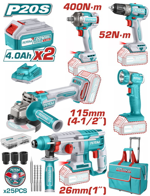 TOTAL 5 Pcs Cordless industrial combo kit 20V / 4Ah (TCKLI2058)