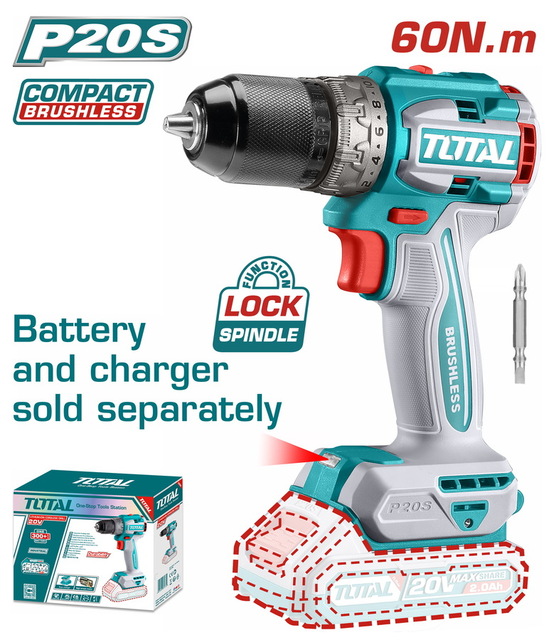 TOTAL Compact Brushless Cordless Drill Li-ion 20V / 60Nm BL Motor (TDLI206021)