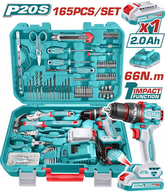 TOTAL ΕΠΑΓΓ. ΣΕΤ ΔΡΑΠ/ΒΙΔΟ ΚΡΟΥΣΤΙΚΟ ΜΠΑΤ. Li-ion 20V/2Ah/66Nm/1 ΜΠΑΤ BL Motor 165ΤΕΜ (THKTHP11652E)