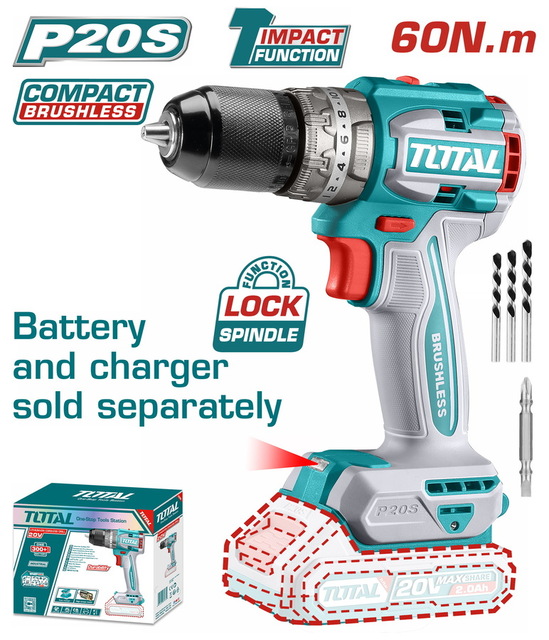 TOTAL Compact Brushless Cordless Impact Drill Li-ion 20V/60Nm BL Motor (TIDLI206021)