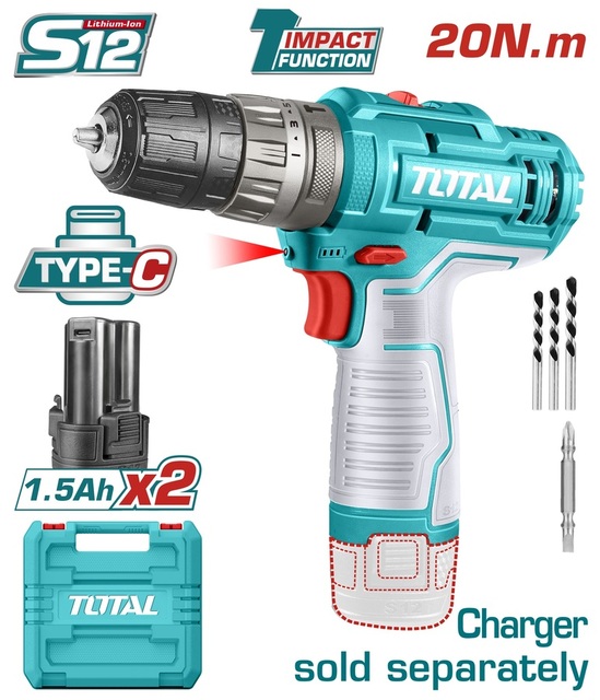 TOTAL Cordless impact drill Li-ion 12V / 1.5Ah / 20Nm / 2 Battery (TIDLI12202)