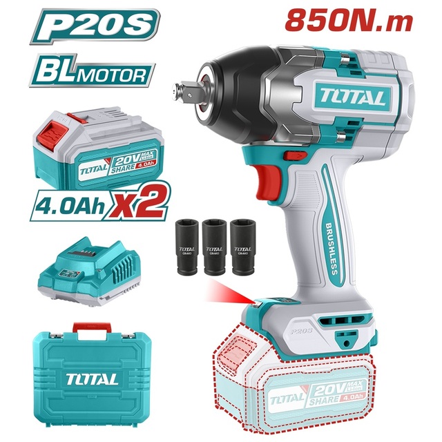 TOTAL Cordless impact wrench battery Li-ion 20V / 4Ah / 850Nm / 2 batteries (TIWLI2085)