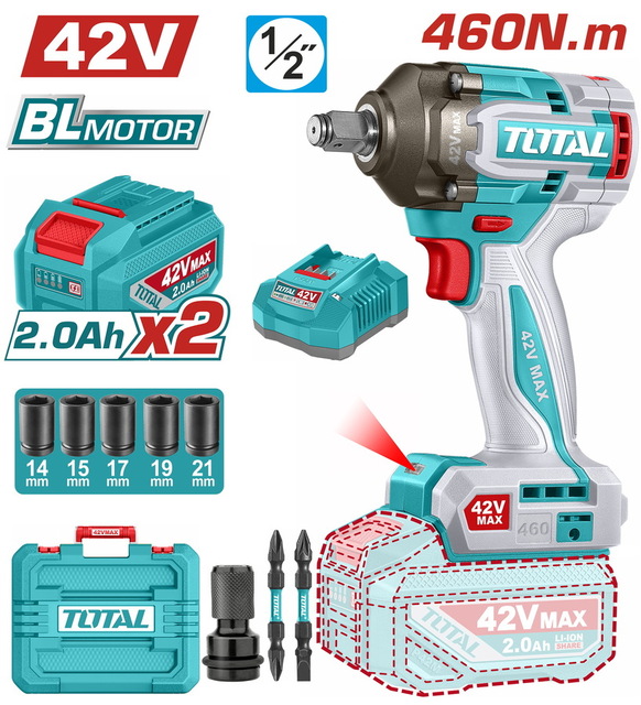 TOTAL ΕΠΑΓΓ. ΜΠΟΥΛΟΝΟΚΛΕΙΔΟ ΜΠΑΤ. Li-ion 42V / 2Ah / 460Nm / 2 ΜΠΑΤ BL Motor (TIWLI42462E)