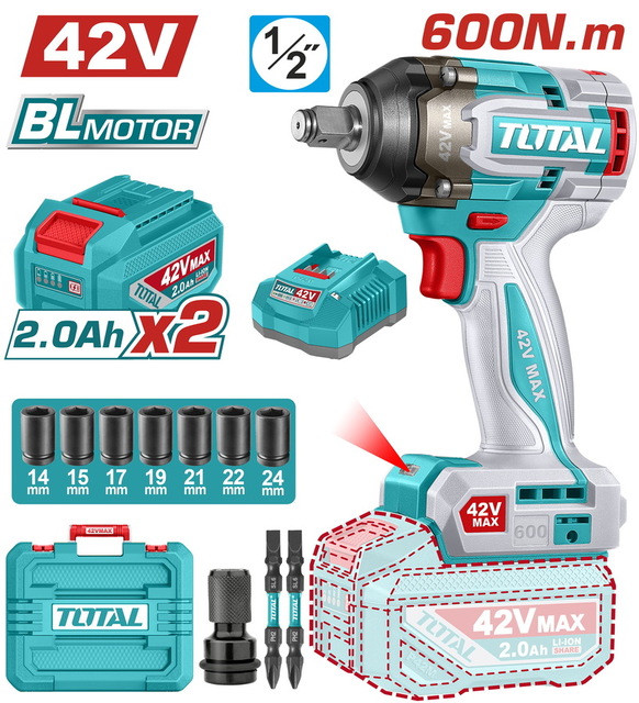 TOTAL ΕΠΑΓΓ. ΜΠΟΥΛΟΝΟΚΛΕΙΔΟ ΜΠΑΤ. Li-ion 42V / 2Ah / 600Nm / 2 ΜΠΑΤ BL Motor (TIWLI42602E)