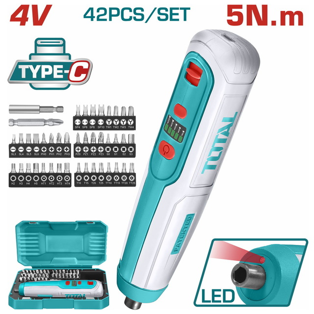 TOTAL Cordless screwdriver Li-ion 4V / 1.3Ah / 5Nm Type-C (TSDLI0406)