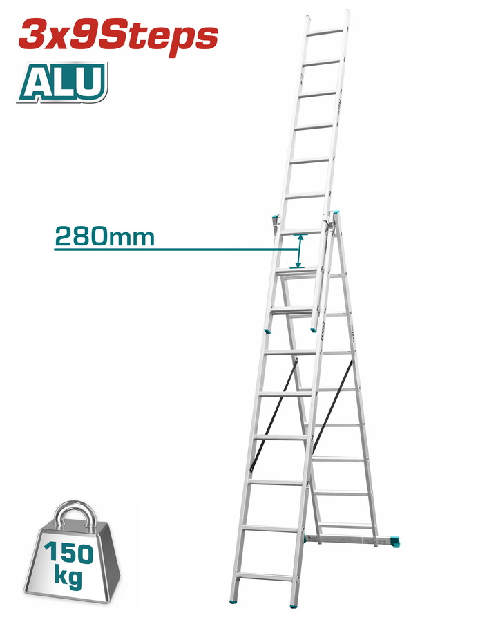 TOTAL 3 SECTION EXTENTION LADDER 3X9 STEPS (THLAD03391)