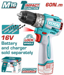 TOTAL ΕΠΑΓΓ. ΔΡΑΠ/ΒΙΔΟ ΚΡΟΥΣΤΙΚΟ ΜΠΑΤ. Li-ion 16V / 60Nm ΧΩΡΙΣ ΜΠΑΤΑΡΙΑ & ΦΟΡΤΙΣΤΗ (TIDLI16681)