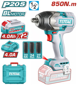 TOTAL Cordless impact wrench battery Li-ion 20V / 4Ah / 850Nm / 2 batteries (TIWLI2085E)