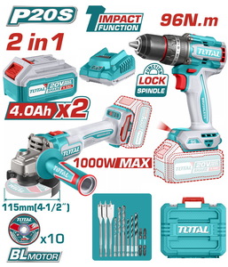 TOTAL ΕΠΑΓΓ. ΣΕΤ ΔΡΑΠ/ΒΙΔΟ ΚΡΟΥΣΤ. 96Nm + ΓΩΝΙΑΚΟΣ ΤΡΟΧΟΣ 115mm ΜΠΑΤ. Li-ion 20V (TOSLI241298E)